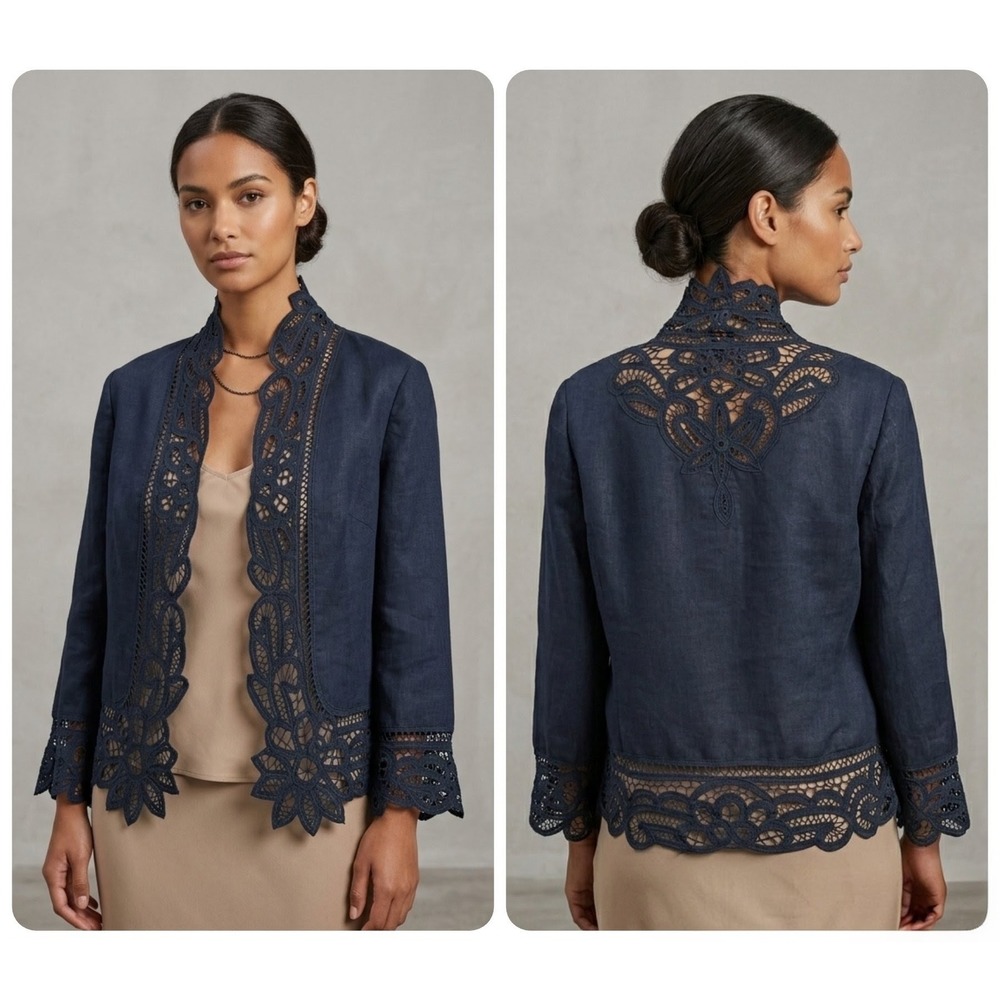 Banana Republic Cardigan Bolero Size M Linen Navy Blue Lace Trim Open Front